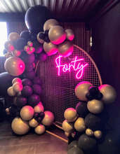 Load image into Gallery viewer, 40th Birthday Neon Sign &amp; Backdrop Party Pack (with Balloons) - For Hire
